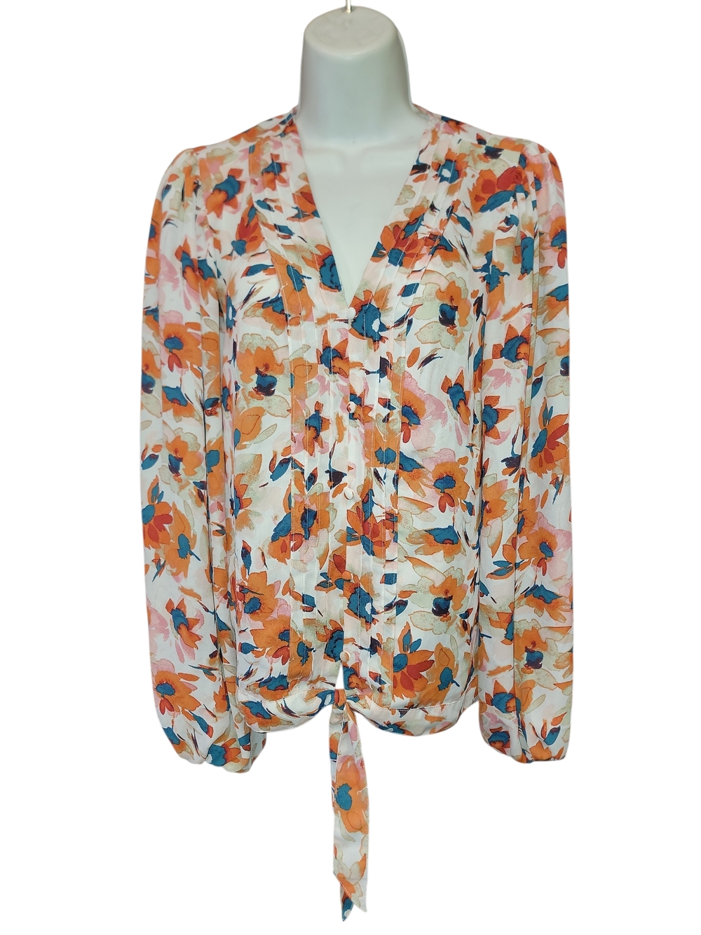 Zac & Rachel Floral V-Neck Tie-Hem Blouse in Orange, Teal & Pink Sz MEDIUM